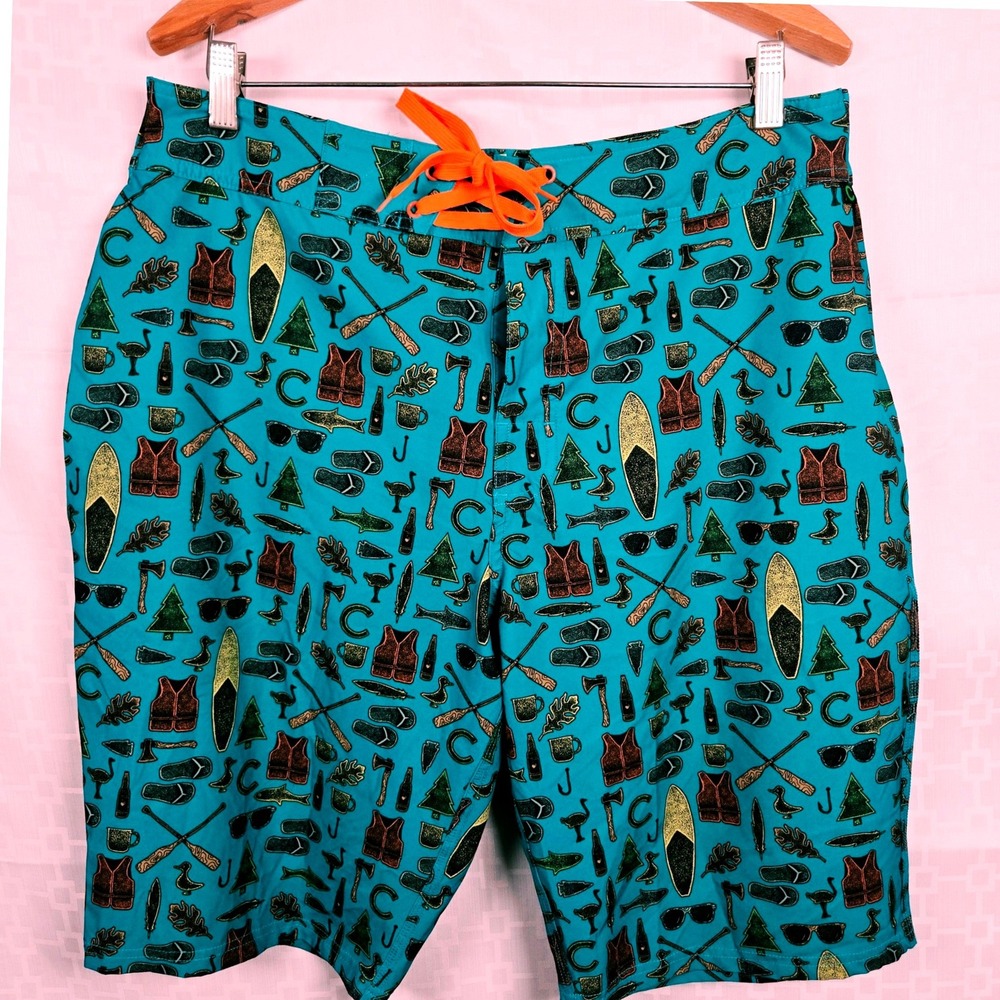The Chive Mens Teal Camping Novelty Print Board Shorts Swim Trunks Size 36